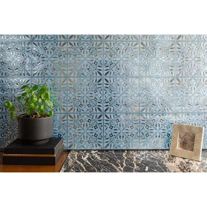 Main Street 24-Pack of 8 x 8" Wallpaper Tiles Peel and Sitck in Blue and Silver Leaves Design for Kitchen Backsplash, Renter Friendly, Paper Wall Tiles for Your Home and DIY Projects by Main Street - Image 6