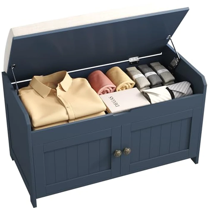HOMEFORT Modern Blue Wood Shoe Storage Bench with Lift Top, 2-Seater, 30"W x 14.9"D x 18.1"H, Simple Wood Legs by HOMEFORT - Image 1