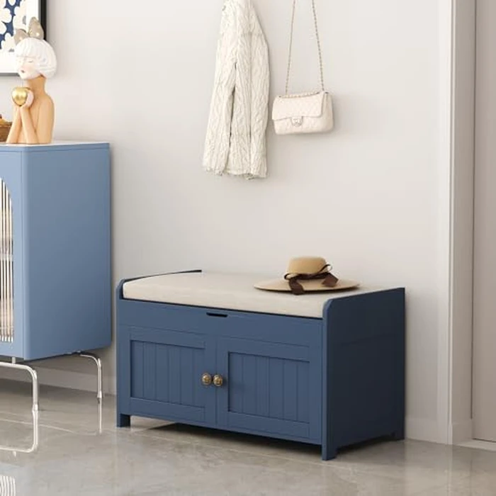 HOMEFORT Modern Blue Wood Shoe Storage Bench with Lift Top, 2-Seater, 30"W x 14.9"D x 18.1"H, Simple Wood Legs by HOMEFORT - Image 3