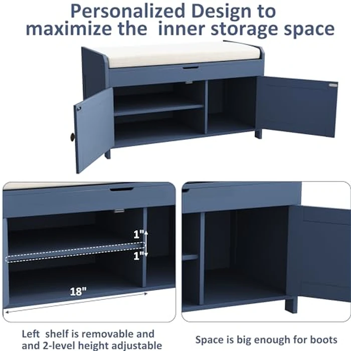 HOMEFORT Modern Blue Wood Shoe Storage Bench with Lift Top, 2-Seater, 30"W x 14.9"D x 18.1"H, Simple Wood Legs by HOMEFORT - Image 6