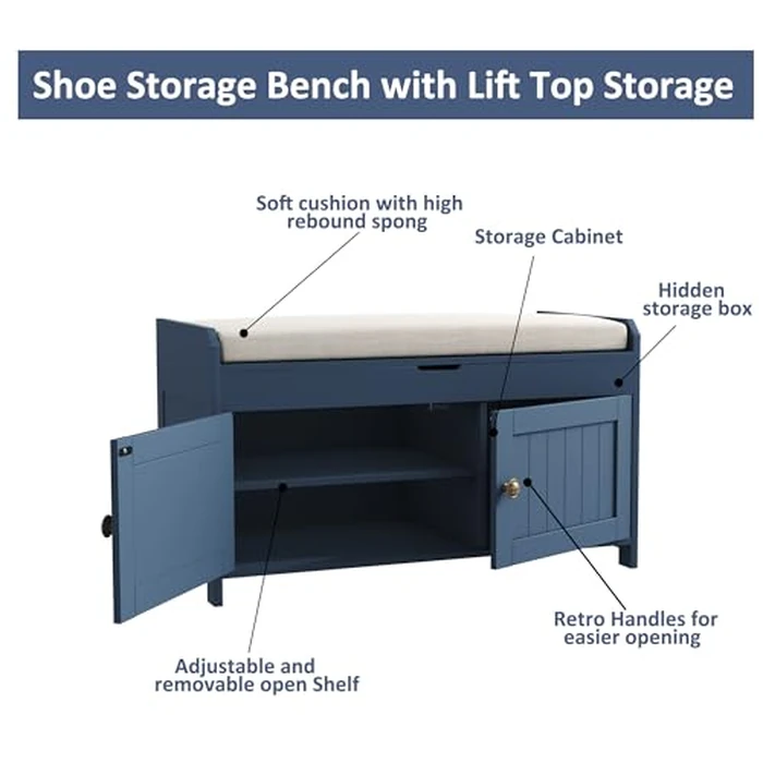 HOMEFORT Modern Blue Wood Shoe Storage Bench with Lift Top, 2-Seater, 30"W x 14.9"D x 18.1"H, Simple Wood Legs by HOMEFORT - Image 7