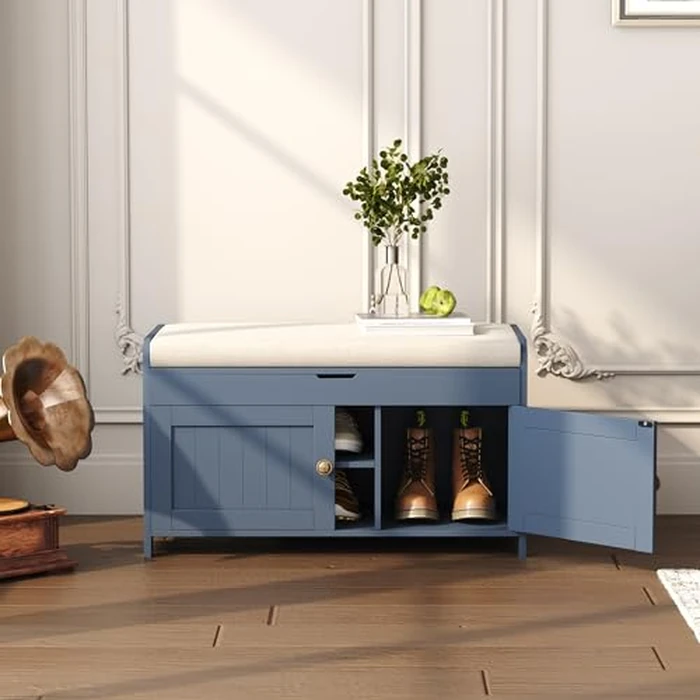 HOMEFORT Modern Blue Wood Shoe Storage Bench with Lift Top, 2-Seater, 30"W x 14.9"D x 18.1"H, Simple Wood Legs by HOMEFORT - Image 9