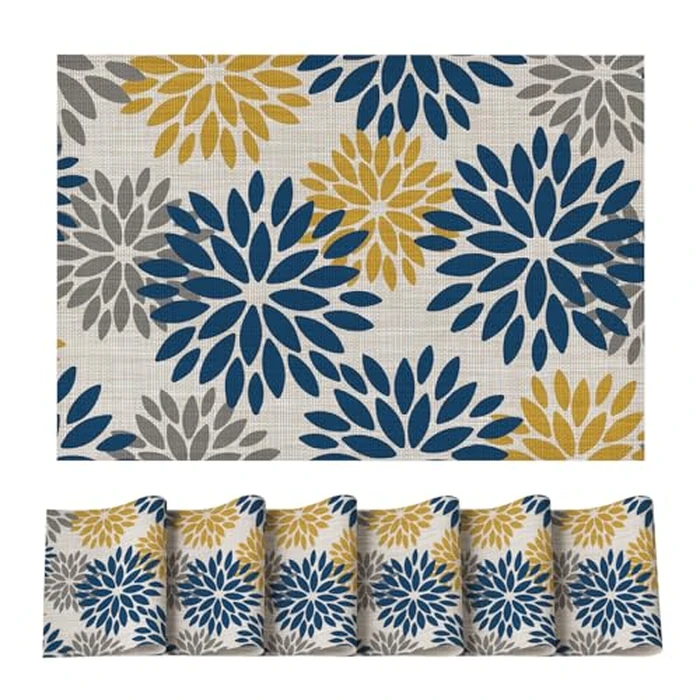 Artoid Mode Floral Vinyl Placemats Set of 6, Heat Resistant Washable Non-Slip Plistic PVC Place Mats for Party Kitchen Dining Decor, Blue Yellow by Artoid Mode - Used - Acceptable condition