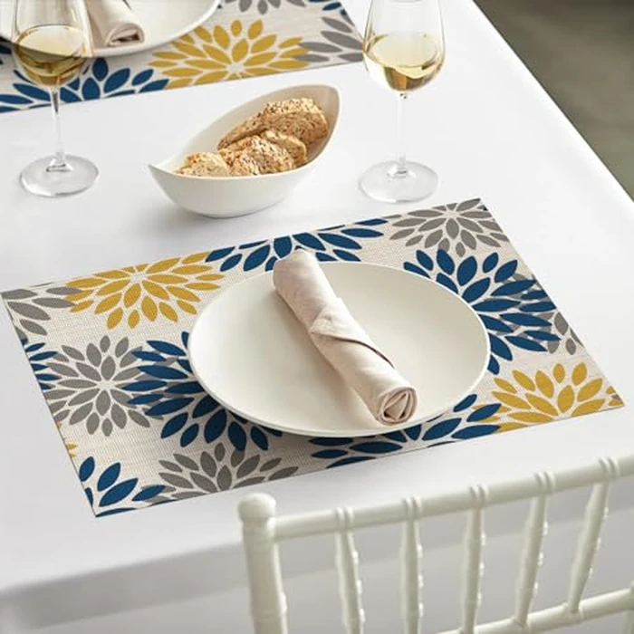 Artoid Mode Floral Vinyl Placemats Set of 6, Heat Resistant Washable Non-Slip Plistic PVC Place Mats for Party Kitchen Dining Decor, Blue Yellow by Artoid Mode - Image 2