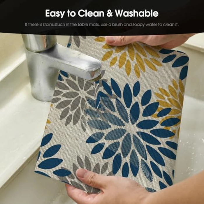 Artoid Mode Floral Vinyl Placemats Set of 6, Heat Resistant Washable Non-Slip Plistic PVC Place Mats for Party Kitchen Dining Decor, Blue Yellow by Artoid Mode - Image 4