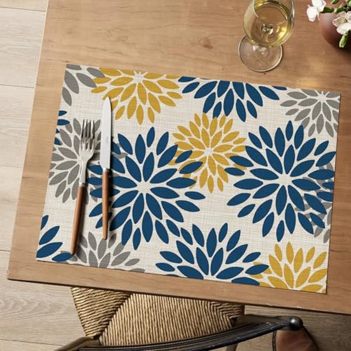 Artoid Mode Floral Vinyl Placemats Set of 6, Heat Resistant Washable Non-Slip Plistic PVC Place Mats for Party Kitchen Dining Decor, Blue Yellow by Artoid Mode - Image 5