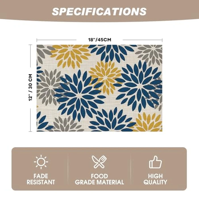 Artoid Mode Floral Vinyl Placemats Set of 6, Heat Resistant Washable Non-Slip Plistic PVC Place Mats for Party Kitchen Dining Decor, Blue Yellow by Artoid Mode - Image 6