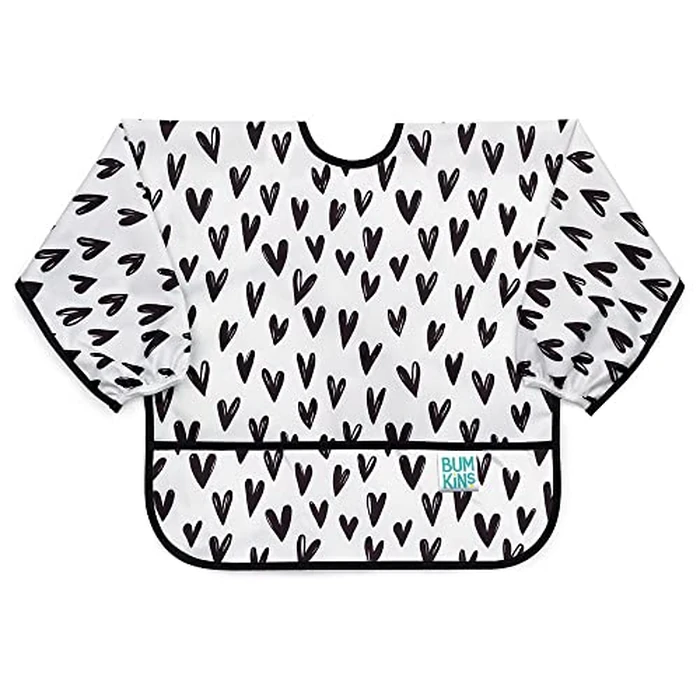 Bumkins Sleeved Bib for Girl or Boy, Baby and Toddler for 6-24 Months, Essential Must Have for Eating, Feeding, Baby Led Weaning Supplies, Long Sleeve Mess Saving Food Catcher, Hearts Black and White by Bumkins - Used - Like New condition - US$11.41