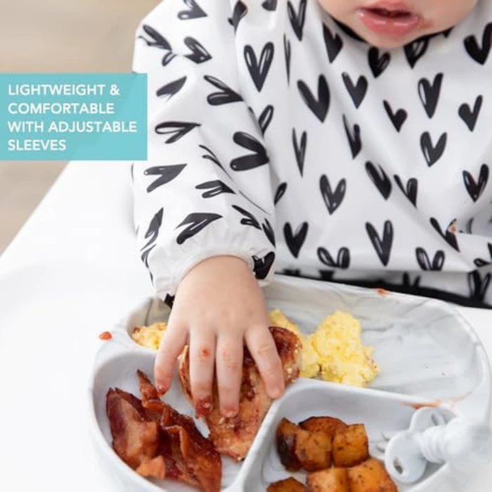 Bumkins Sleeved Bib for Girl or Boy, Baby and Toddler for 6-24 Months, Essential Must Have for Eating, Feeding, Baby Led Weaning Supplies, Long Sleeve Mess Saving Food Catcher, Hearts Black and White by Bumkins - Image 4