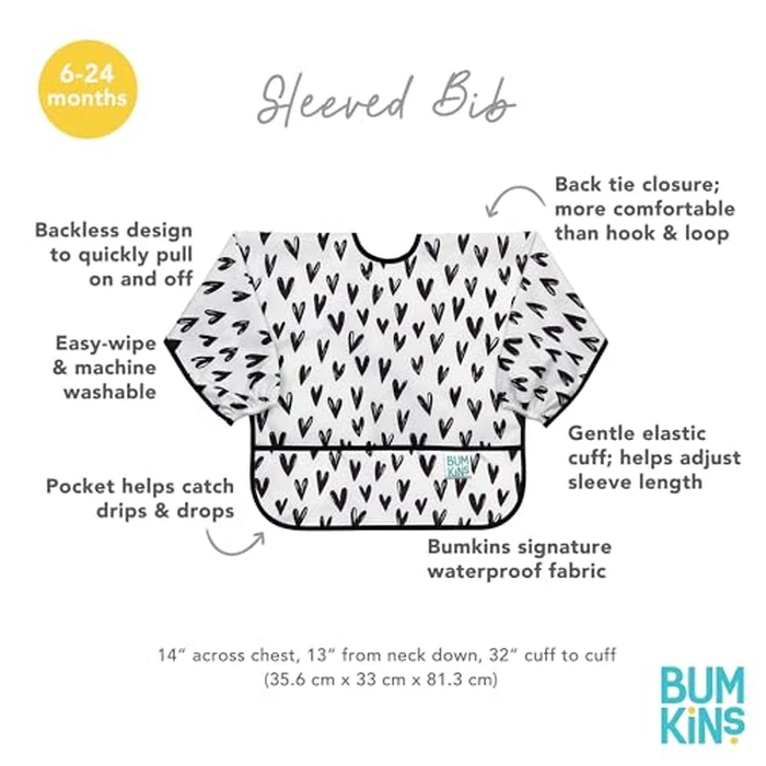 Bumkins Sleeved Bib for Girl or Boy, Baby and Toddler for 6-24 Months, Essential Must Have for Eating, Feeding, Baby Led Weaning Supplies, Long Sleeve Mess Saving Food Catcher, Hearts Black and White by Bumkins - Image 5