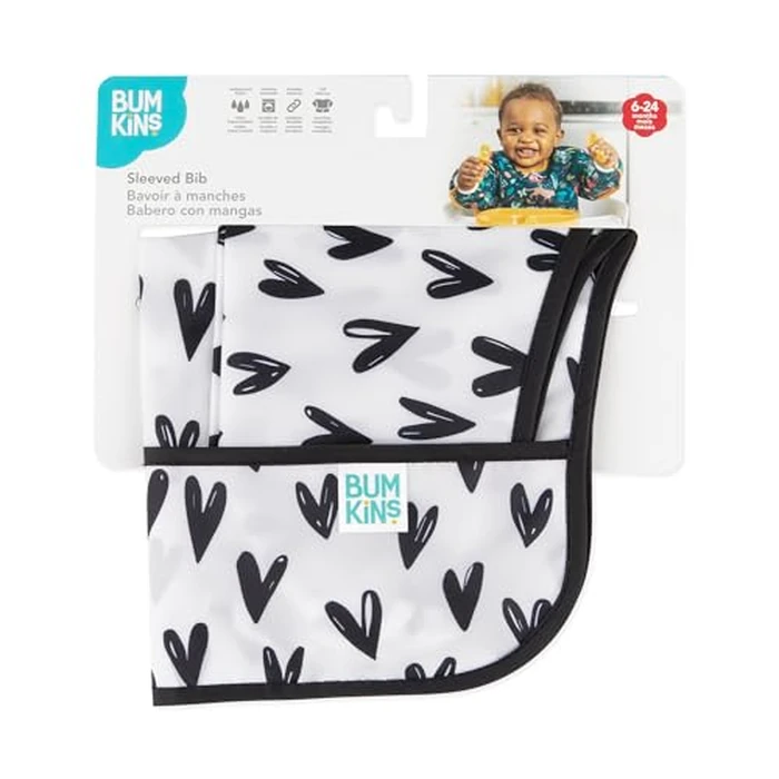 Bumkins Sleeved Bib for Girl or Boy, Baby and Toddler for 6-24 Months, Essential Must Have for Eating, Feeding, Baby Led Weaning Supplies, Long Sleeve Mess Saving Food Catcher, Hearts Black and White by Bumkins - Image 6