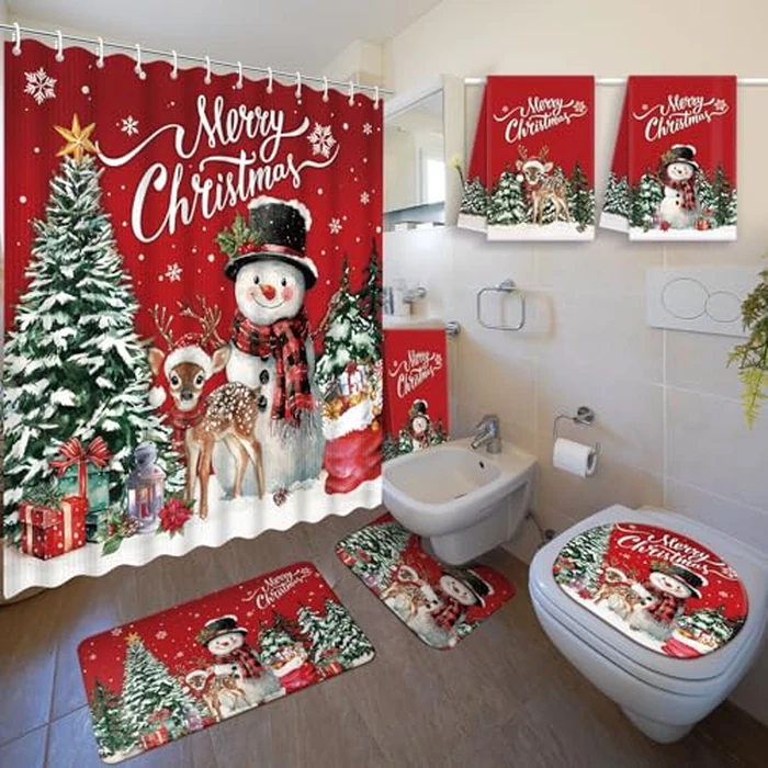 Nuanchu 6 Pcs Christmas Shower Curtain Set with Rug Bathroom Sets with Shower Curtain Bath Mat U Shaped Mat Toilet Lid Cover 2 Bath Towels and 12 Hooks Red Christmas Snowman Bathroom Decor by Nuanchu - Image 1