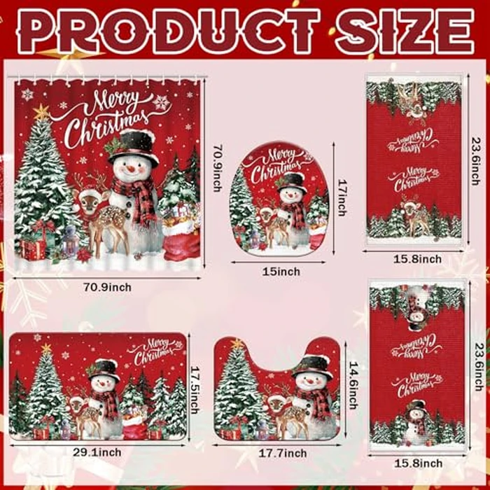 Nuanchu 6 Pcs Christmas Shower Curtain Set with Rug Bathroom Sets with Shower Curtain Bath Mat U Shaped Mat Toilet Lid Cover 2 Bath Towels and 12 Hooks Red Christmas Snowman Bathroom Decor by Nuanchu - Image 2