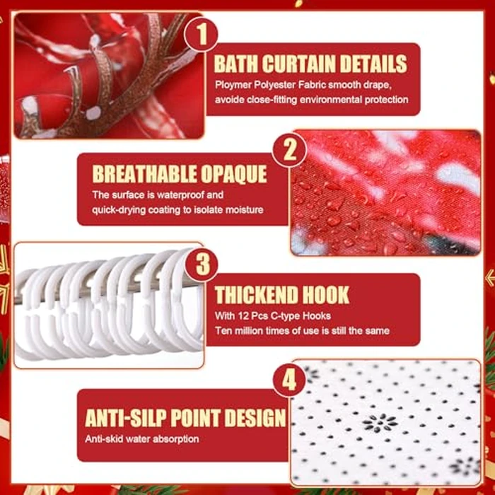 Nuanchu 6 Pcs Christmas Shower Curtain Set with Rug Bathroom Sets with Shower Curtain Bath Mat U Shaped Mat Toilet Lid Cover 2 Bath Towels and 12 Hooks Red Christmas Snowman Bathroom Decor by Nuanchu - Image 4
