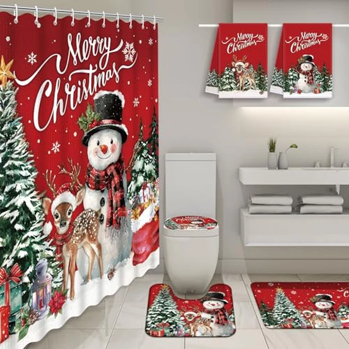 Nuanchu 6 Pcs Christmas Shower Curtain Set with Rug Bathroom Sets with Shower Curtain Bath Mat U Shaped Mat Toilet Lid Cover 2 Bath Towels and 12 Hooks Red Christmas Snowman Bathroom Decor by Nuanchu - Image 5