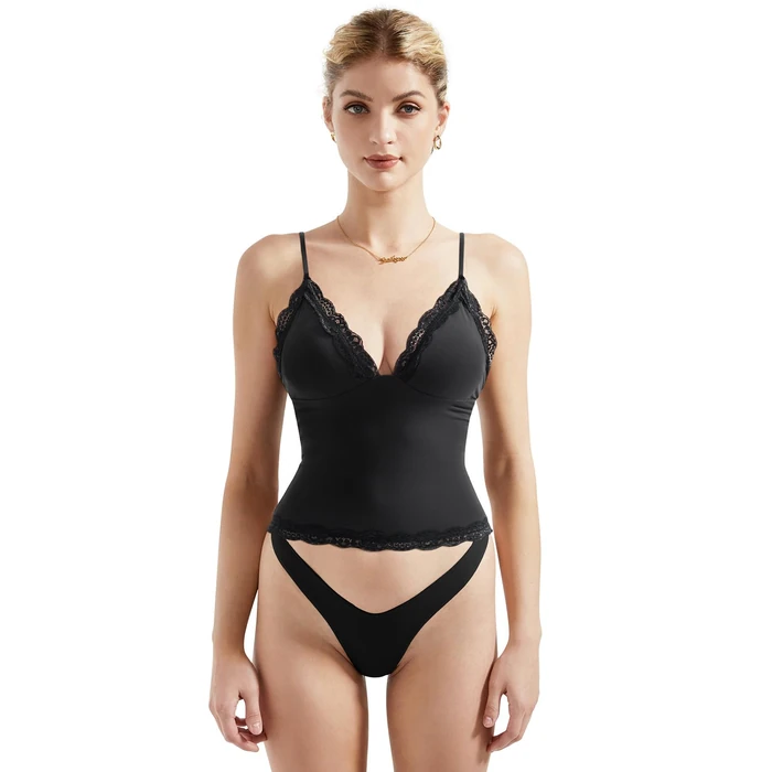 SUUKSESS Women Lace Trim Deep V Neck Tank Top Cami Sexy Sleeveless Y2K Going Out Tops (Black Lace,L) by SUUKSESS - Used - Like New condition - US$18.99