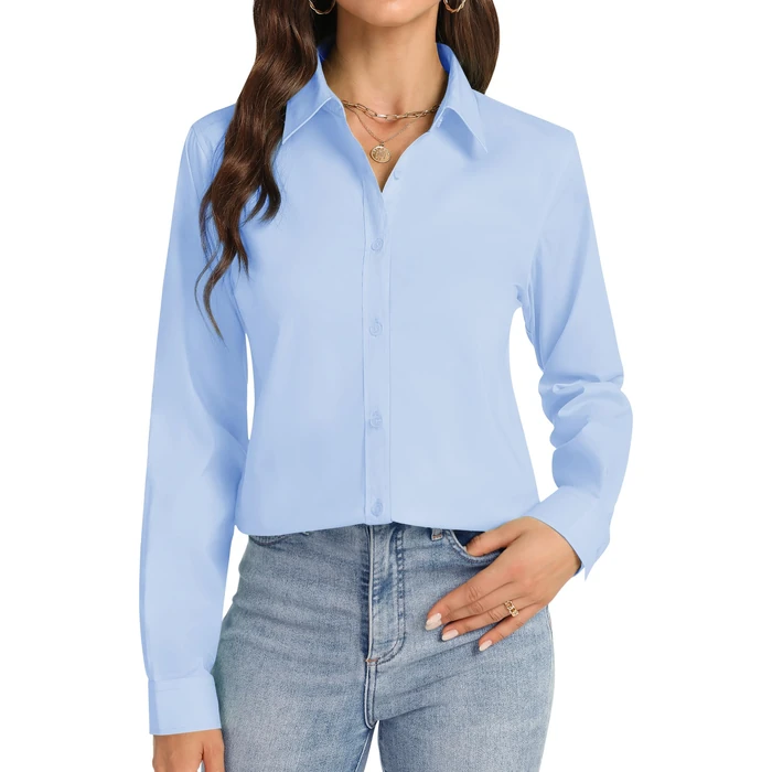 J.VER Womens Button Down Blouse Classic Fit Solid Formal Shirts Business Casual Long Sleeve Collared Shirts Light Blue Large by J.VER - Image 1