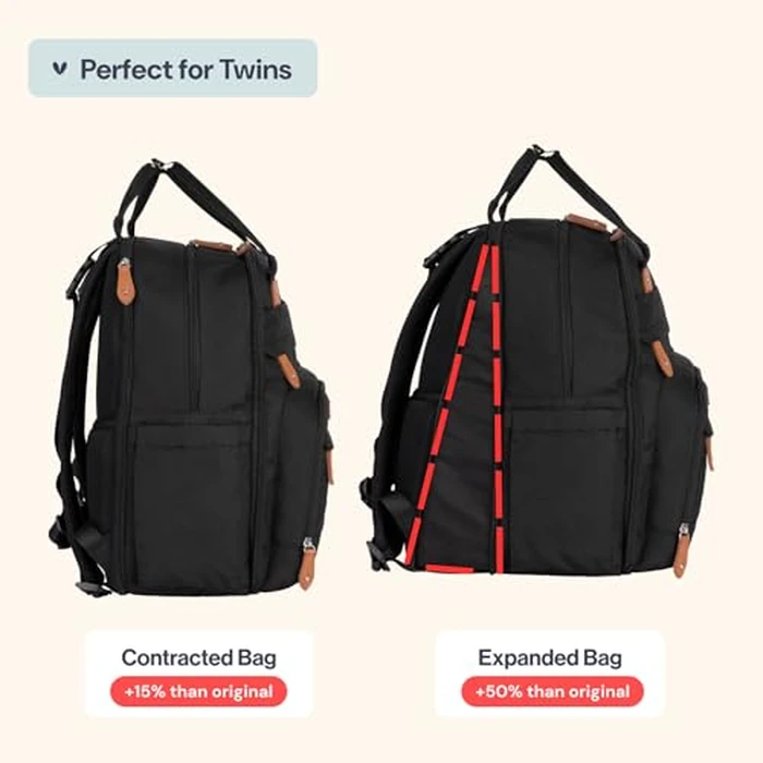 BabbleRoo Extra Large Diaper Bag Backpack, Expandable Baby Bag with Up to 50% More Capacity - Travel Essentials Baby Bag Tote with Changing Pad, Stroller Straps & Pacifier Case - Unisex, Black by BabbleRoo - Image 2