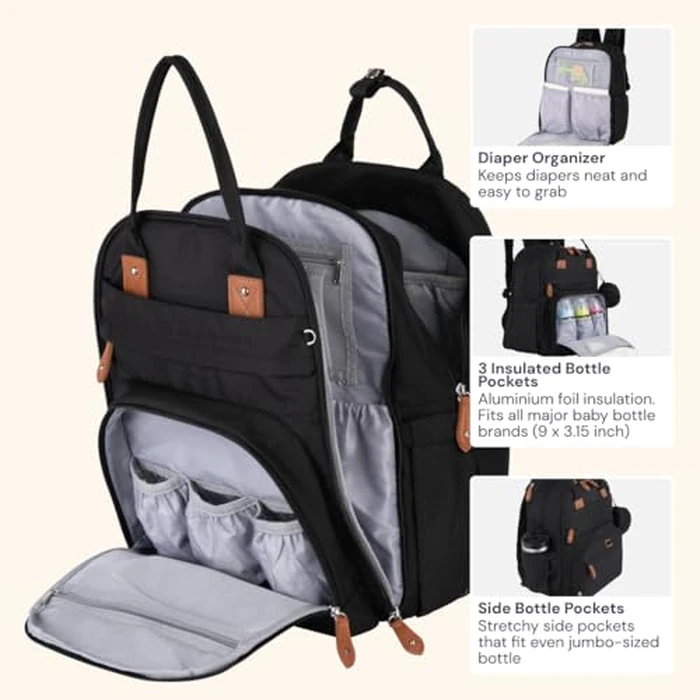 BabbleRoo Extra Large Diaper Bag Backpack, Expandable Baby Bag with Up to 50% More Capacity - Travel Essentials Baby Bag Tote with Changing Pad, Stroller Straps & Pacifier Case - Unisex, Black by BabbleRoo - Image 4