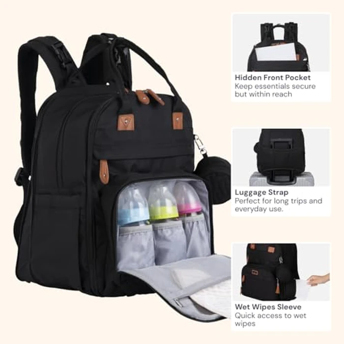 BabbleRoo Extra Large Diaper Bag Backpack, Expandable Baby Bag with Up to 50% More Capacity - Travel Essentials Baby Bag Tote with Changing Pad, Stroller Straps & Pacifier Case - Unisex, Black by BabbleRoo - Image 5