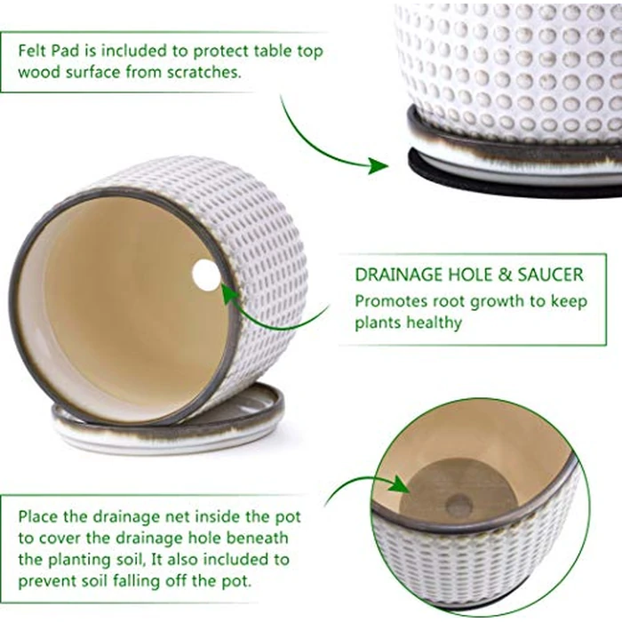 D'vine Dev 4 Inch Ceramic Beaded Stoneware Planter Pot - Flower Pot with Drainage Holes and Saucers for Indoor Succulent Plants or Flowers, Smoked White, 27-C-Z-1 by D'vine Dev - Image 4