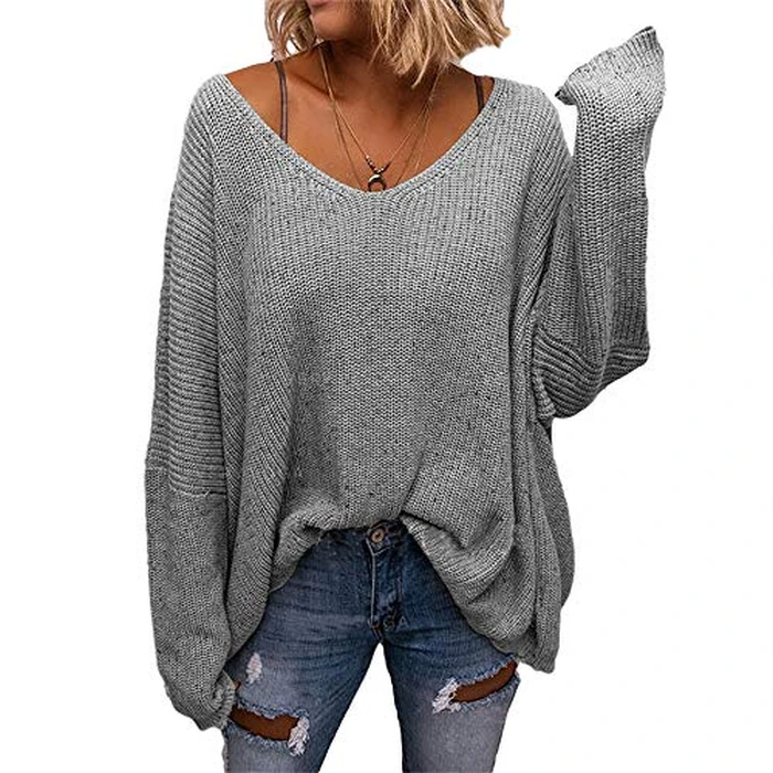 BZB Women's V Neck Long Sleeve Knit Loose Oversized Pullover Sweater Grey by BZB - Used - Like New condition - US$25.23