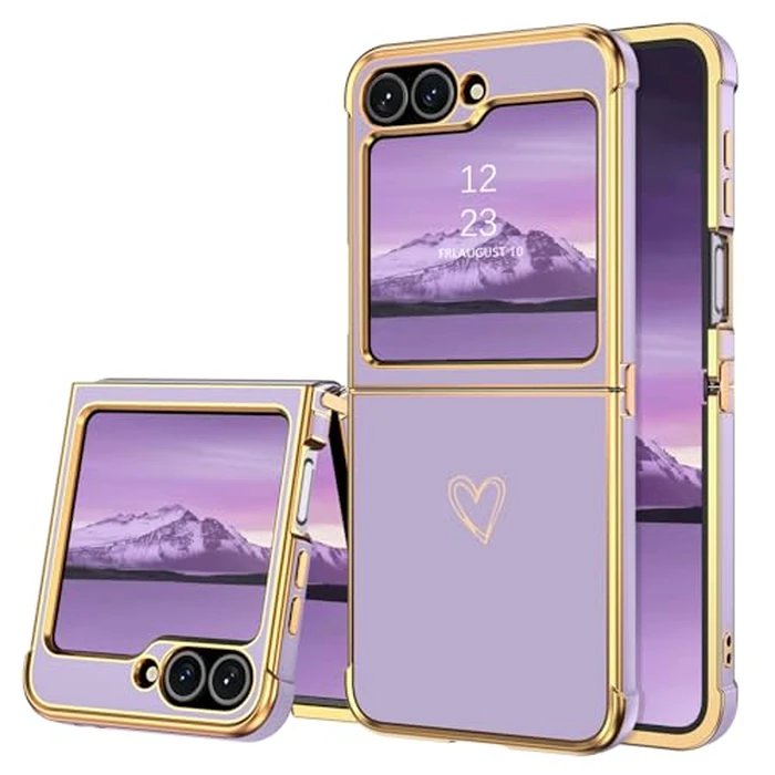 BENTOBEN for Samsung Galaxy Z Flip 6 5G Case, Cute Heart Luxury Gold Plating Slim Flexible TPU Bumper Protective Galaxy Z Flip6 Cover, Women Girls Phone Case for Samsung Z Flip 6 6.7'',Purple by BENTOBEN - Image 1