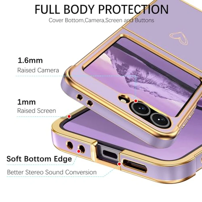 BENTOBEN for Samsung Galaxy Z Flip 6 5G Case, Cute Heart Luxury Gold Plating Slim Flexible TPU Bumper Protective Galaxy Z Flip6 Cover, Women Girls Phone Case for Samsung Z Flip 6 6.7'',Purple by BENTOBEN - Image 3