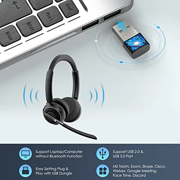 (2025 Upgraded) Wireless Headset with Mic for Work, Bluetooth Headset with Noise Canceling Microphone with Dongle, Charging Base & Mic Mute, Wireless Headphones for Work from Home/PC/Computer by PrancyBt - Image 4
