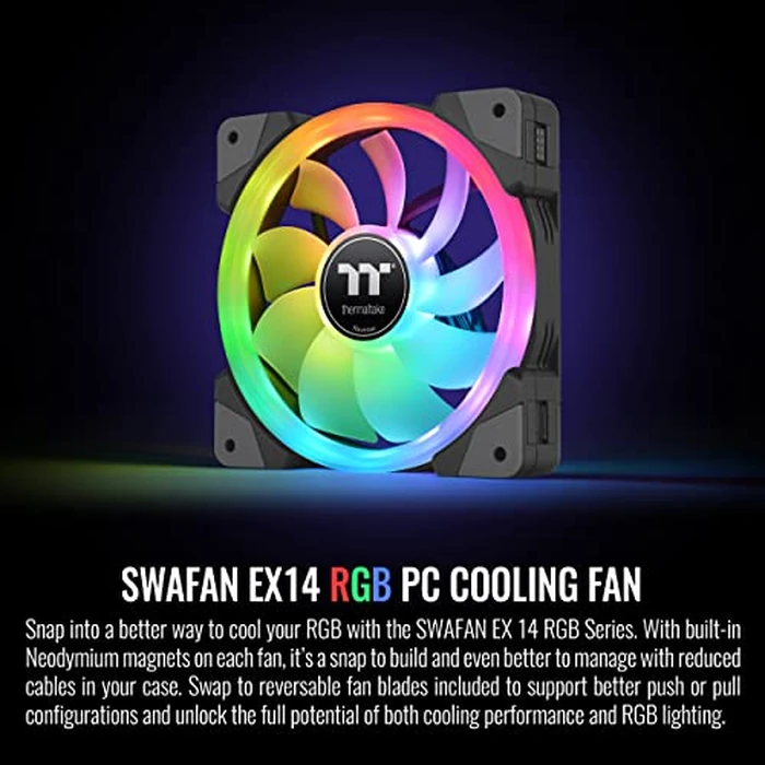 Thermaltake SWAFAN EX 14 RGB PC Cooling Fan, 3 Pack, 500~2000 RPM, Magnetic Connection, Reversable Blades, Controller Included, CL-F144-PL14SW-A by Thermaltake - Image 2