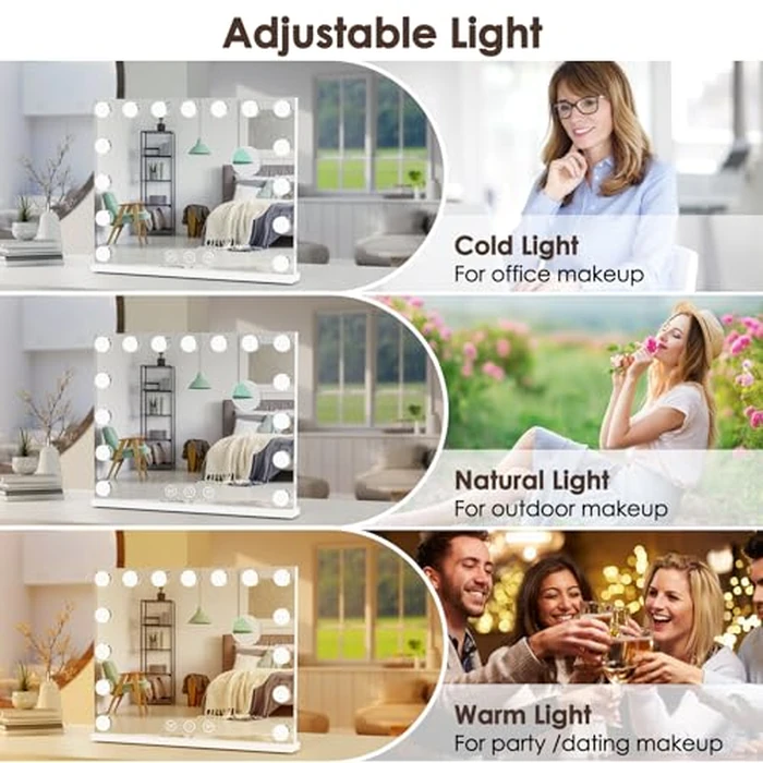Lighted Makeup Mirror 19" L x 23" Light Hollywood Mirror with Detachable 10X Magnification Hollywood Vanity Mirror with Lights Smart Touch Control Hollywood Lighted Mirror with 15 LED Bulbs 3Colors by DenCert - Image 2