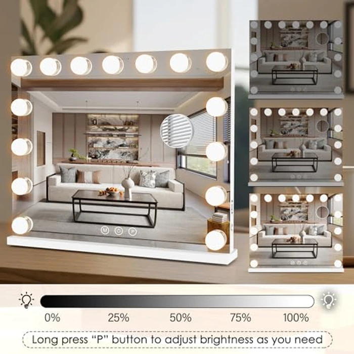 Lighted Makeup Mirror 19" L x 23" Light Hollywood Mirror with Detachable 10X Magnification Hollywood Vanity Mirror with Lights Smart Touch Control Hollywood Lighted Mirror with 15 LED Bulbs 3Colors by DenCert - Image 3