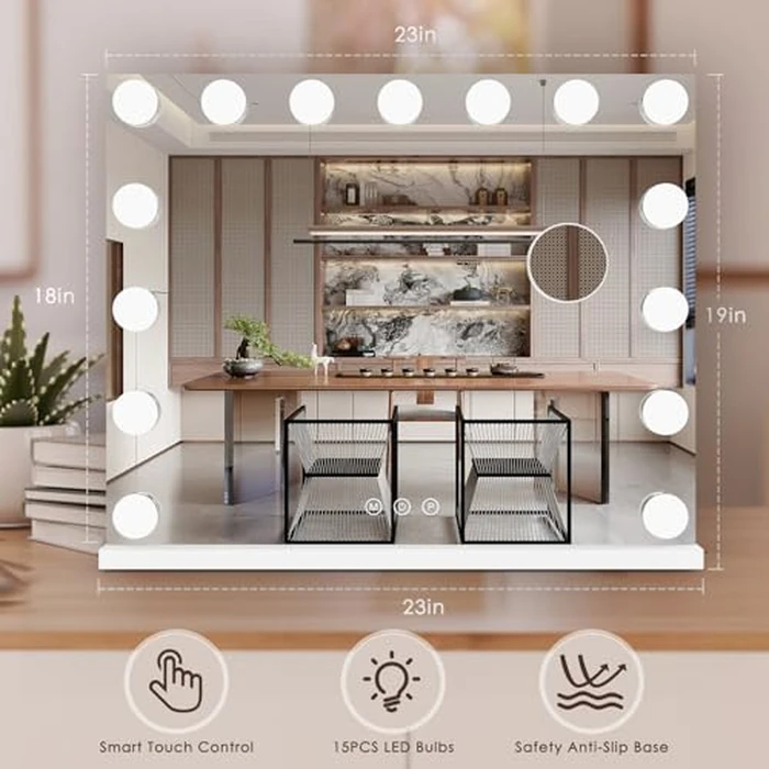 Lighted Makeup Mirror 19" L x 23" Light Hollywood Mirror with Detachable 10X Magnification Hollywood Vanity Mirror with Lights Smart Touch Control Hollywood Lighted Mirror with 15 LED Bulbs 3Colors by DenCert - Image 5