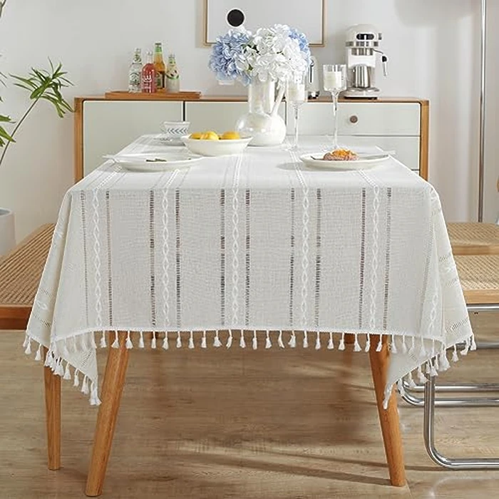 meioro Rustic Cotton Linen Tablecloth, Rectangle Wipeable Wrinkle Free Dust Resistant Table Cloth, Soft Fabric Embroidery Stripes with Tassels Table Cover for Kitchen Dining (White, 55 x 102 inch) by meioro - Used - Like New condition