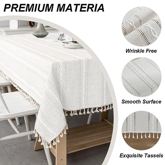 meioro Rustic Cotton Linen Tablecloth, Rectangle Wipeable Wrinkle Free Dust Resistant Table Cloth, Soft Fabric Embroidery Stripes with Tassels Table Cover for Kitchen Dining (White, 55 x 102 inch) by meioro - Image 4