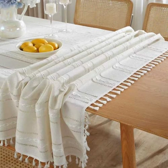 meioro Rustic Cotton Linen Tablecloth, Rectangle Wipeable Wrinkle Free Dust Resistant Table Cloth, Soft Fabric Embroidery Stripes with Tassels Table Cover for Kitchen Dining (White, 55 x 102 inch) by meioro - Image 6