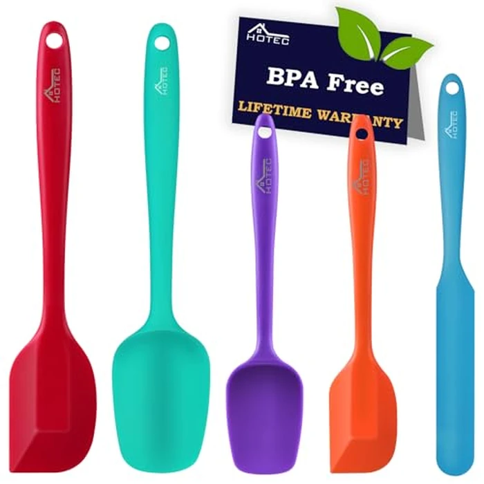 HOTEC Heat Resistant 600℉ Food Grade Silicone Rubber Spatula Set for Baking, Cooking, and Mixing Non Stick Dishwasher Safe BPA-Free Multicolor Set of 5 by HOTEC - Image 1