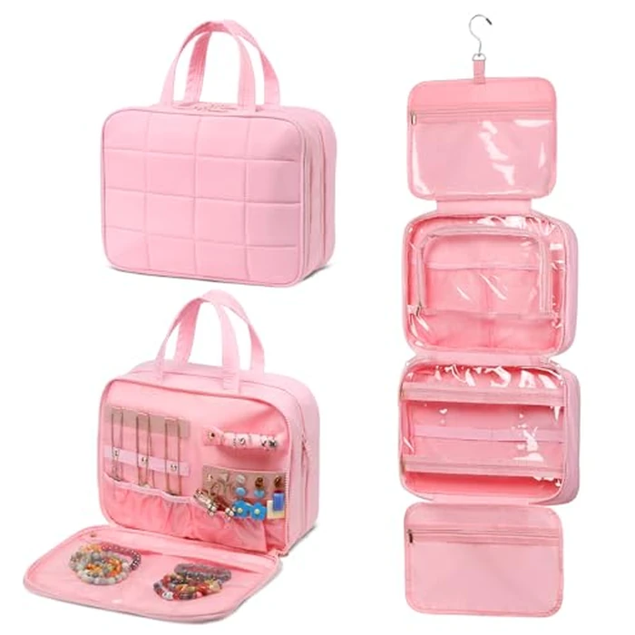 SUIKIHUM Travel Hanging Toiletry Bag for Women, Puffy Makeup Bags with Jewelry Organizer Carry-on Accessories Essentials with Waterproof Compartment, Pink by SUIKIHUM - Used - Good condition - CA$20.24