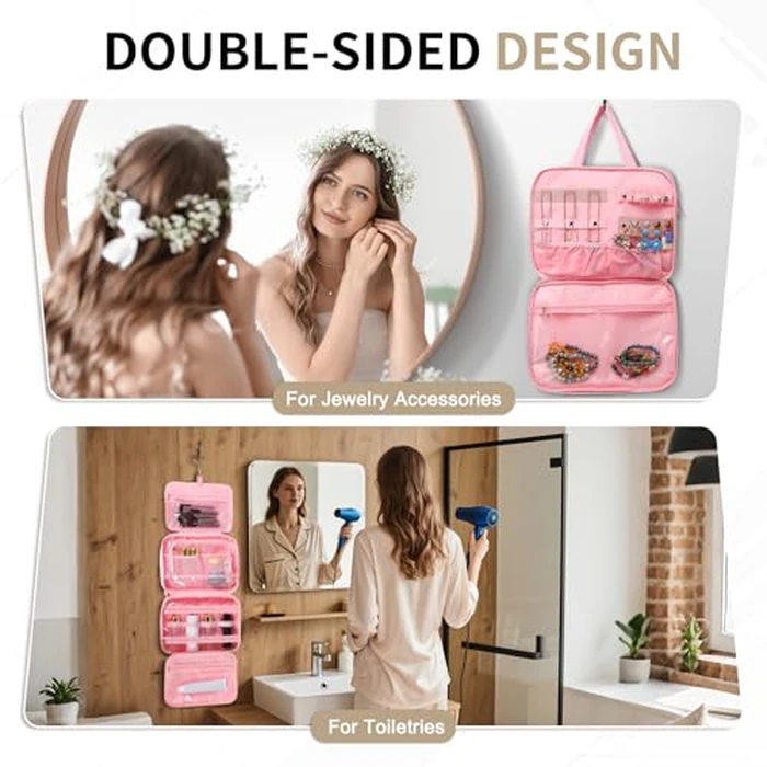 SUIKIHUM Travel Hanging Toiletry Bag for Women, Puffy Makeup Bags with Jewelry Organizer Carry-on Accessories Essentials with Waterproof Compartment, Pink by SUIKIHUM - Image 2