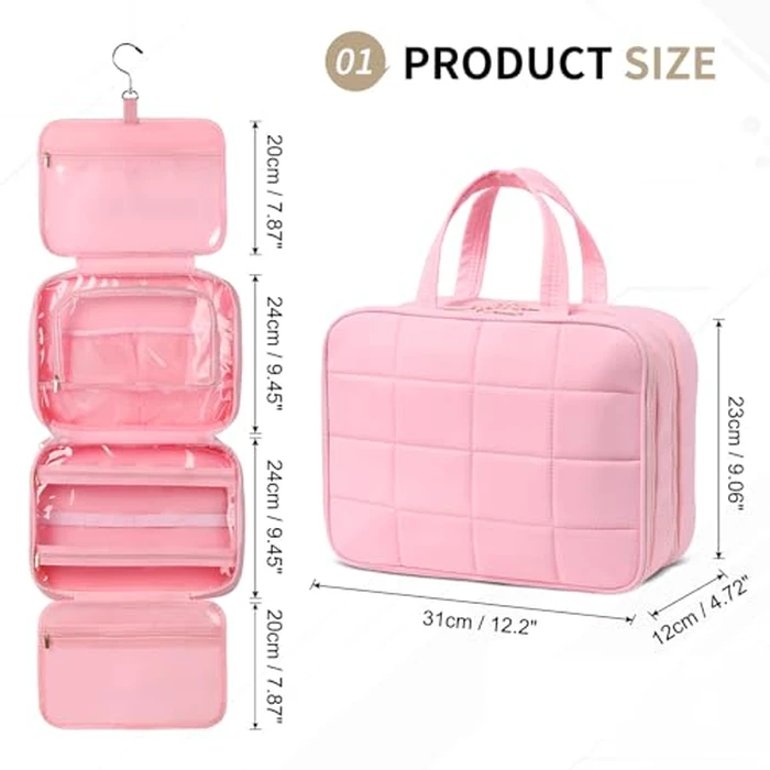 SUIKIHUM Travel Hanging Toiletry Bag for Women, Puffy Makeup Bags with Jewelry Organizer Carry-on Accessories Essentials with Waterproof Compartment, Pink by SUIKIHUM - Image 3
