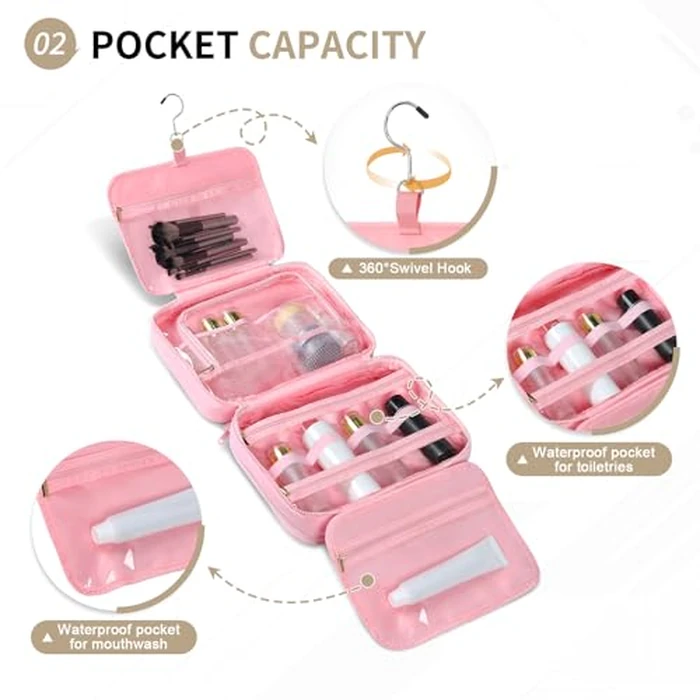 SUIKIHUM Travel Hanging Toiletry Bag for Women, Puffy Makeup Bags with Jewelry Organizer Carry-on Accessories Essentials with Waterproof Compartment, Pink by SUIKIHUM - Image 4