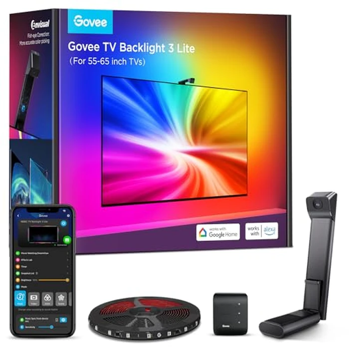 Govee TV Backlight 3 Lite with Fish-Eye Correction Function Sync to 55-65 Inch TVs, 11.8ft RGBICW Wi-Fi TV LED Backlight Strip with Camera for Immersive Experience, Voice and APP Control, Adapter by Govee - Used - Like New condition - CA$88.34