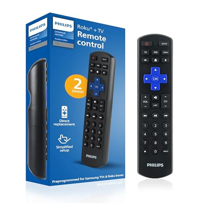 Universal Remote Control by Philips, Roku Replacement Remote, Compatible with Samsung, Smart TVs, 2 Device, Black, SRP6320R/27 by Philips - Used - Very Good condition