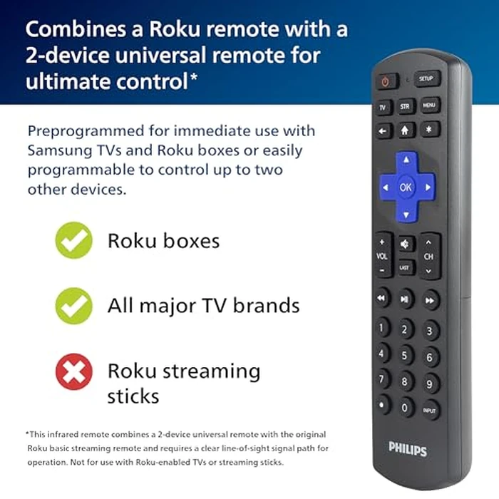 Universal Remote Control by Philips, Roku Replacement Remote, Compatible with Samsung, Smart TVs, 2 Device, Black, SRP6320R/27 by Philips - Image 3