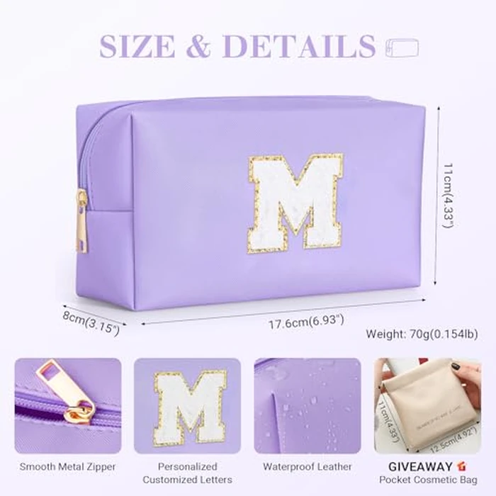 LIAN Initial Makeup Bag Personalized Cosmetic Bags Cute Makeup Pouch Travel Bags Birthday Gift for Women Preppy Things for Girls (Purple-L) by Lian - Image 2