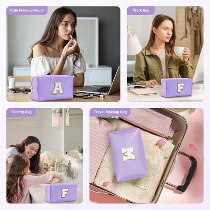 LIAN Initial Makeup Bag Personalized Cosmetic Bags Cute Makeup Pouch Travel Bags Birthday Gift for Women Preppy Things for Girls (Purple-L) by Lian - Image 3