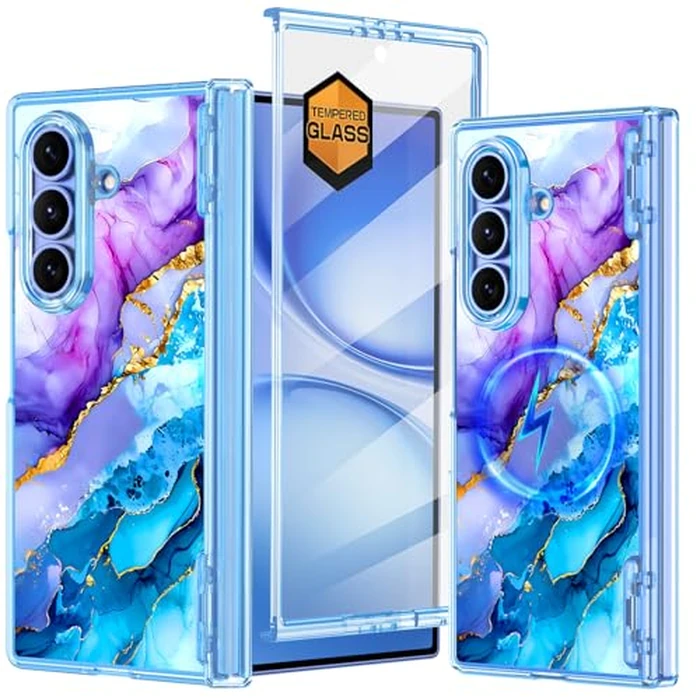 Meshine for Galaxy Z Fold 7 Case Magnetic,[Compatible with MagSafe][Hinge Protection][Built-in Screen Protector],Shockproof Women Girls Hard Case for Samsung Galaxy Z Fold 7(2025),Blue Marble by Meshine - Used - Like New condition
