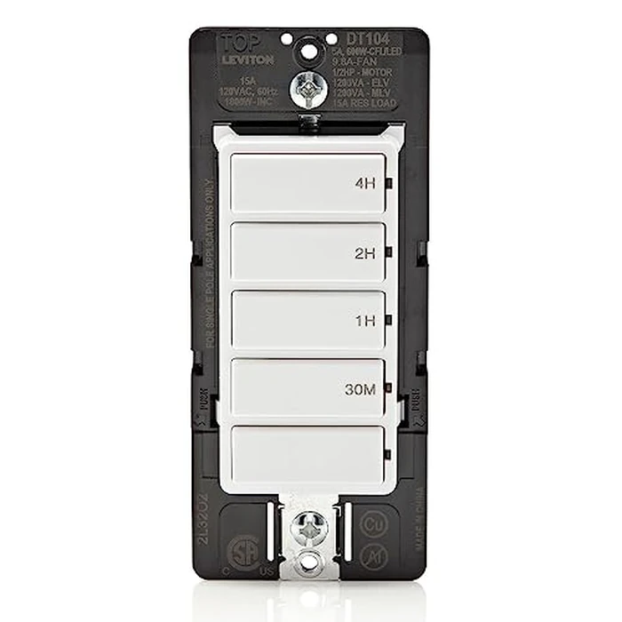 Leviton Countdown Timer Switch for household lights, heaters and exhaust fans, 30 min, 1-2-4 hour, No Neutral Wire Required, Single Pole, 15A, 1/2 HP/9.8A Fan/Motor, DT104-1LW, White by Leviton - Image 1
