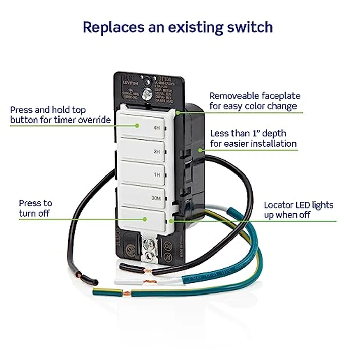 Leviton Countdown Timer Switch for household lights, heaters and exhaust fans, 30 min, 1-2-4 hour, No Neutral Wire Required, Single Pole, 15A, 1/2 HP/9.8A Fan/Motor, DT104-1LW, White by Leviton - Image 3
