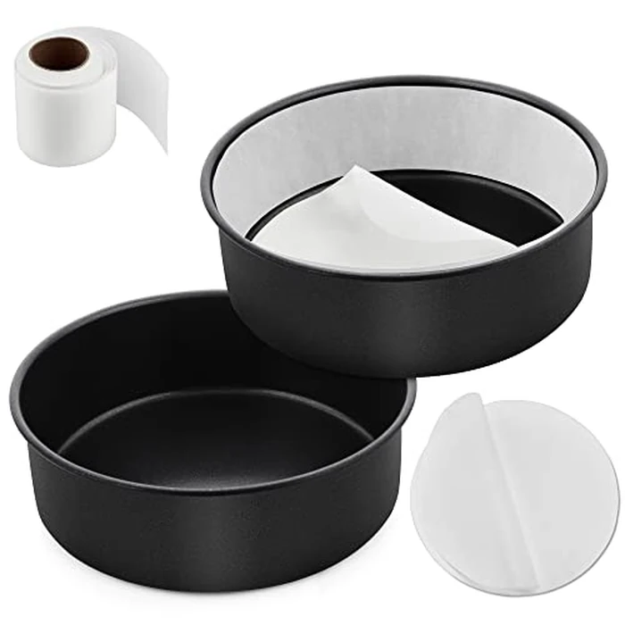 E-far 6 Inch Cake Pans Set of 2, Nonstick Stainless Steel Small Round Baking Pans with Parchment Paper & Side Liner Roll, Stainless Steel Core & Non-toxic Coating, Straight Side & 2 Inch Deep by E-far - Image 1